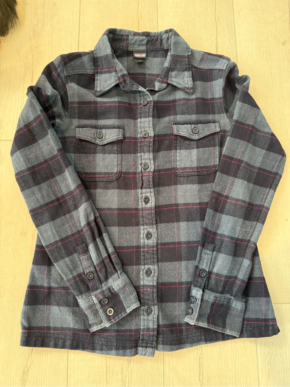 Patagonia Gray & Black Plaid Shirt with Pink Stripe